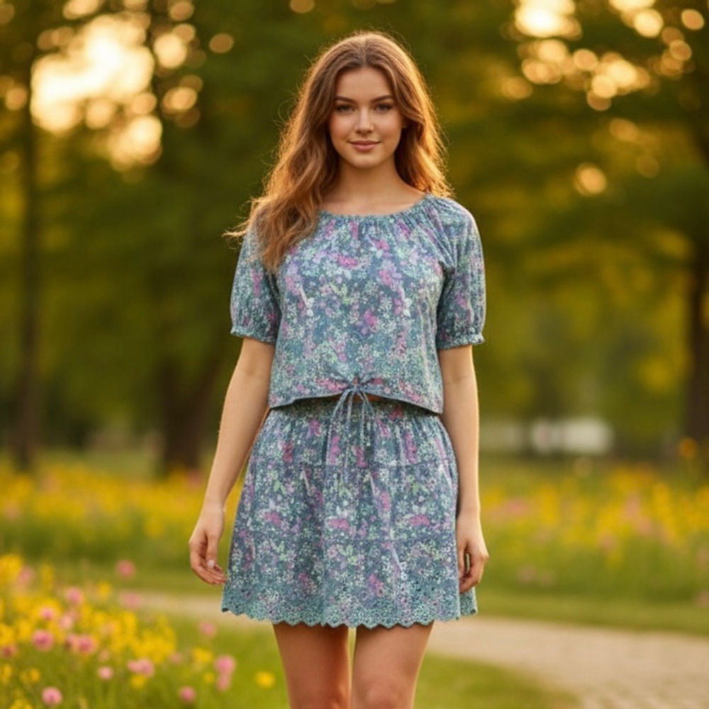 JENNIFER & Grace Top & Skirt Set Embroidered Scalloped neck Floral Size L and XL